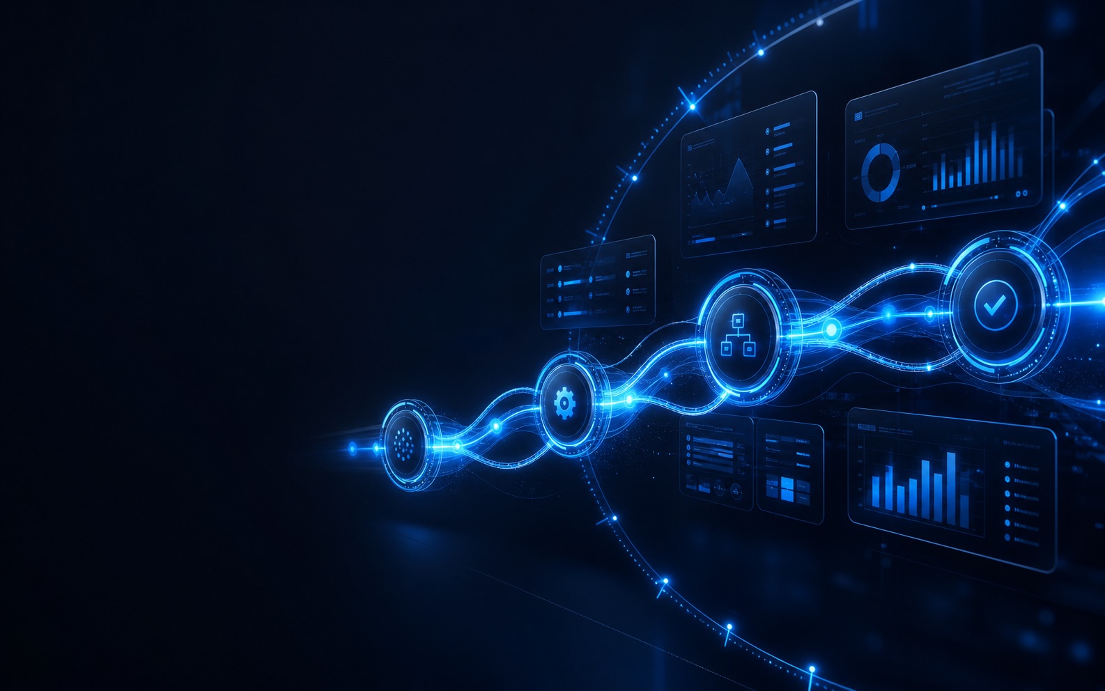 Abstract AI automation workflow network with glowing blue connections and dashboard panels